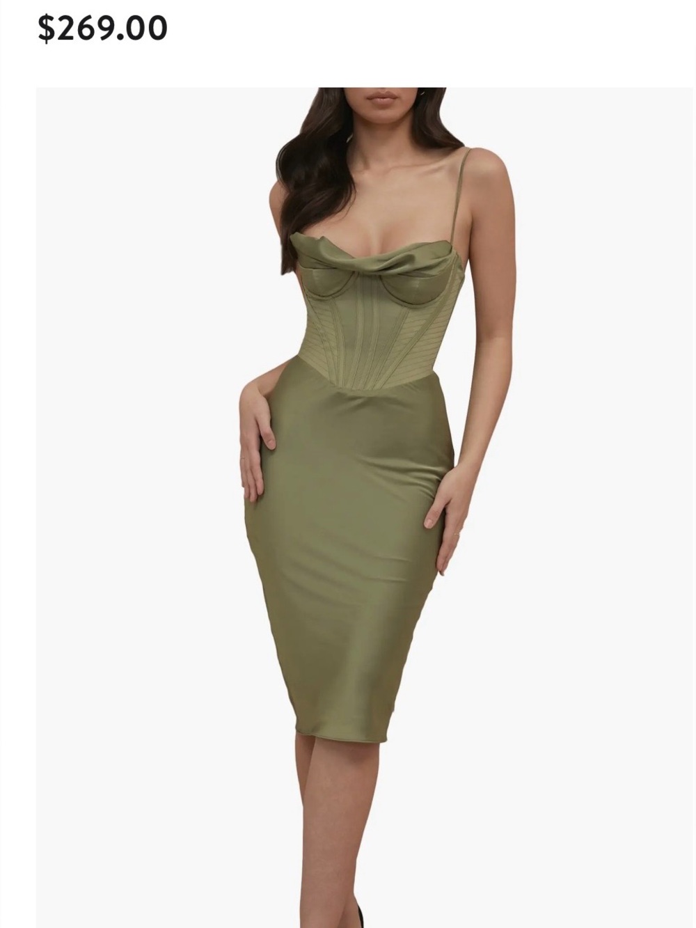 House of CB Olive Green Satin Corset Midi Dress